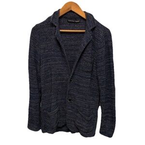 ZARA Mens Blue Aztec Collared Knit Cardigan Sweater Pockets Preppy Academia Med